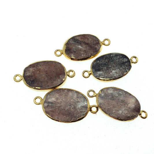 Gold Electroplated Natural Flat Red/Black Rutilated Quartz Oval Shape Connector - ~ 20mm - 22mm  Long  - Sold Per Each, Selected at Random