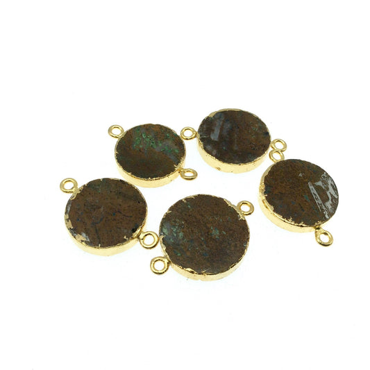 Gold Electroplated Natural Flat Yellow Jasper Round/Coin Shaped Connector - 19mm - 21mm  Long Approx. - Sold Per Each, Selected at Random