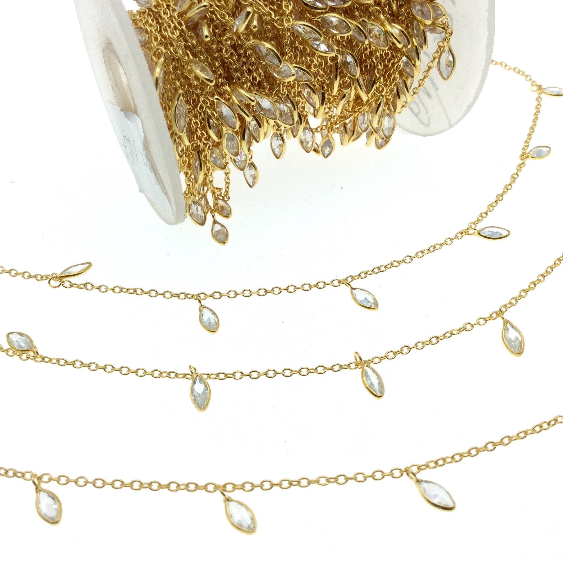 Sterling Silver Bezel Dangle Rosary Chain with 4mm Cut Stone Flat Back Cubic Zirconia Marquise Dangles - Sold by the Foot