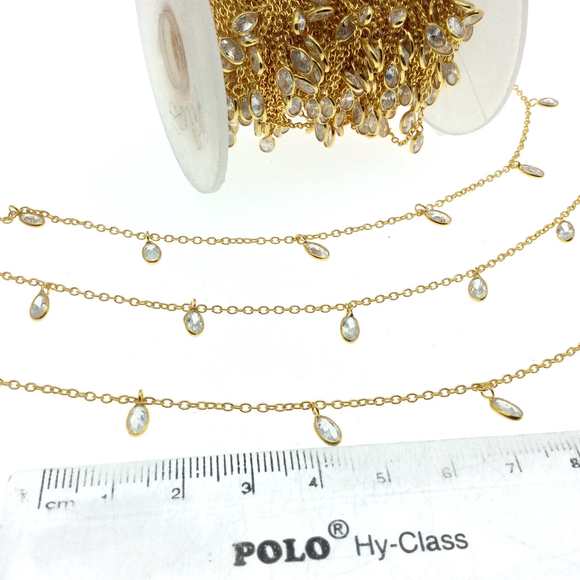 Vermeil Bezel Dangle Rosary Chain | 4mm Cut Stone Flat Back Cubic Zirconia Oval Dangles - Sold by the Foot