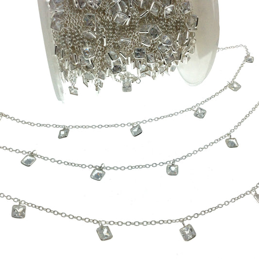 Sterling Silver Bezel Dangle Rosary Chain with 4mm Cut Stone Flat Back Cubic Zirconia Square Dangles - Sold by the Foot