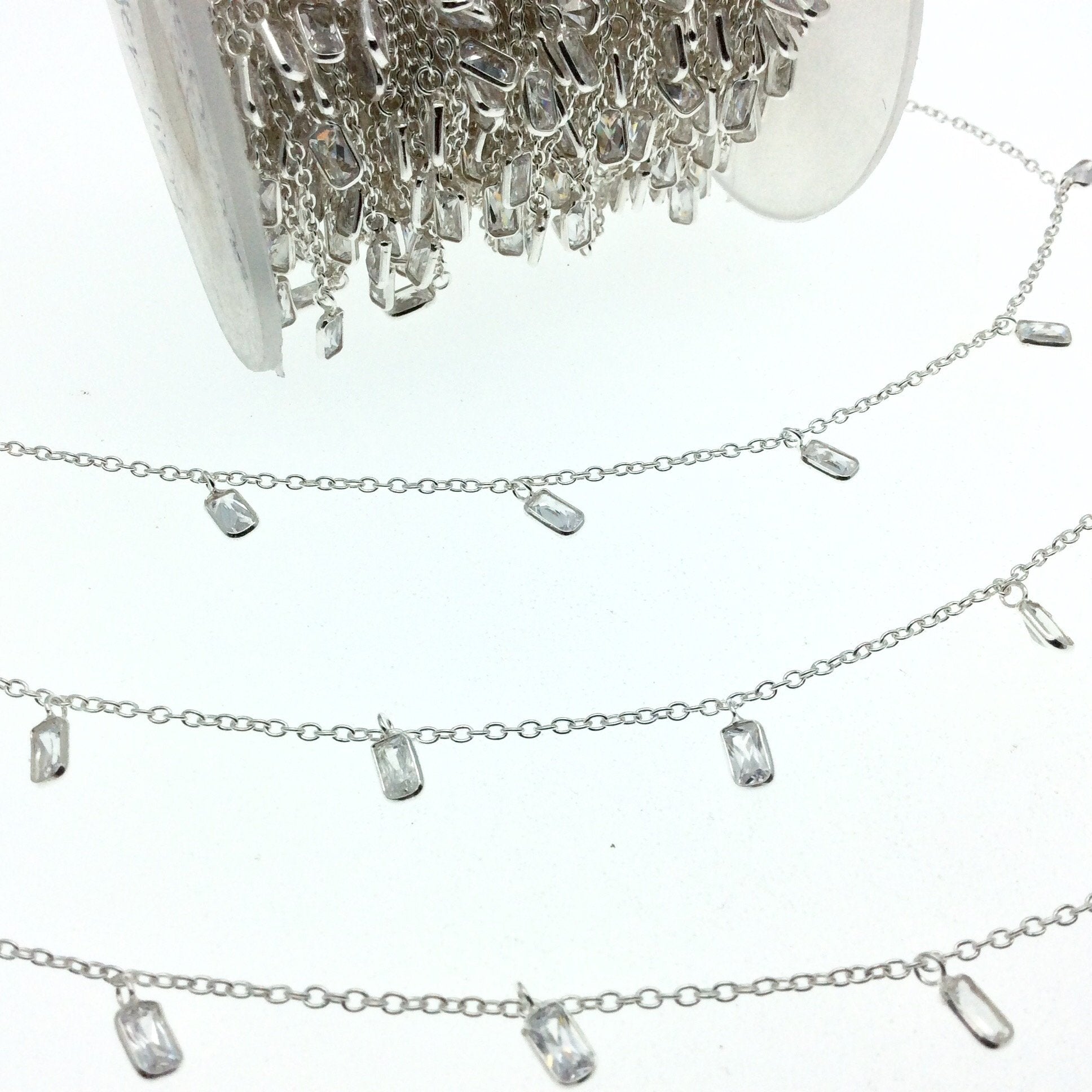 Sterling Silver Bezel Dangle Rosary Chain with 4mm Cut Stone Flat Back Cubic Zirconia Rectangle Dangles - Sold by the Foot
