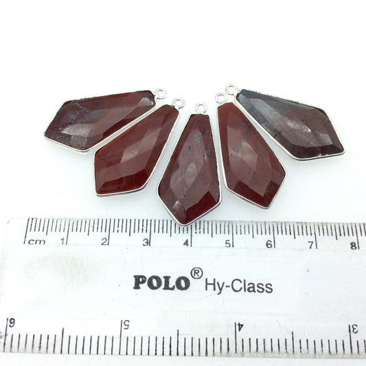 Silver Plated Natural Red Jasper Faceted Dagger Shaped Copper Bezel Pendant - Measures 15mm x 30mm - Sold Individually, Random