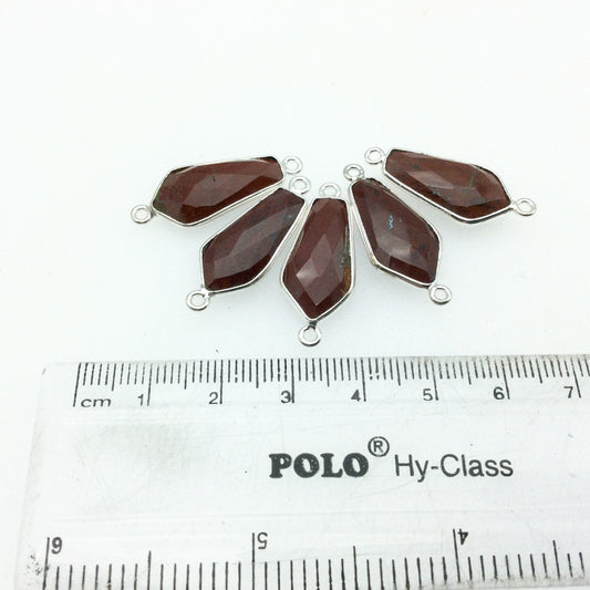 Silver Plated Natural Red Jasper Faceted Dagger Shaped Copper Bezel Connector - Measures 10mm x 20mm - Sold Individually, Random