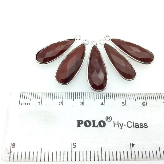 Silver Finish Faceted Red Jasper Long Teardrop Shaped Bezel Pendant - Measuring 10mm x 25mm - Natural Semi-precious Gemstone