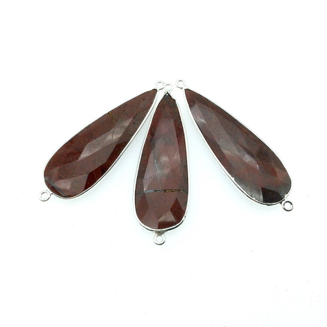 Silver Finish Faceted Red Jasper Long Teardrop Shaped Bezel Connector - Measuring 15mm x 45mm - Natural Semi-precious Gemstone