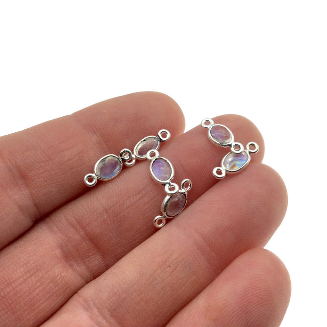 BULK PACK of Six (6) Sterling Silver smooth Moonstone Oval Shaped Bezel Connectors - Measuring 3mm x 6mm. Approximately.