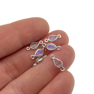 BULK PACK of Six (6) Sterling Silver smooth Moonstone Teardrop Shaped Bezel Connectors - Measuring 4mm x 6mm. Approximately.