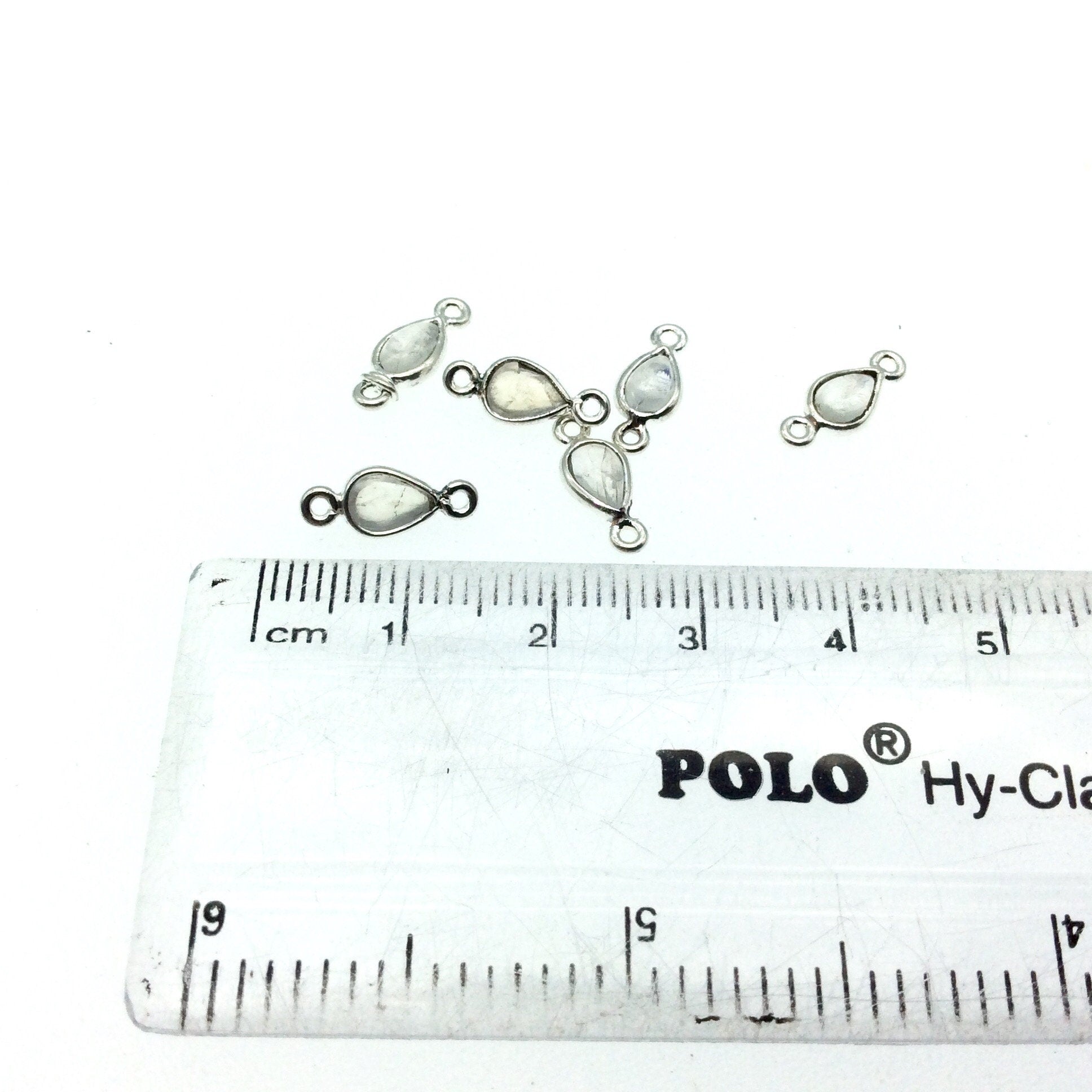 BULK PACK of Six (6) Sterling Silver smooth Moonstone Teardrop Shaped Bezel Connectors - Measuring 4mm x 6mm. Approximately.