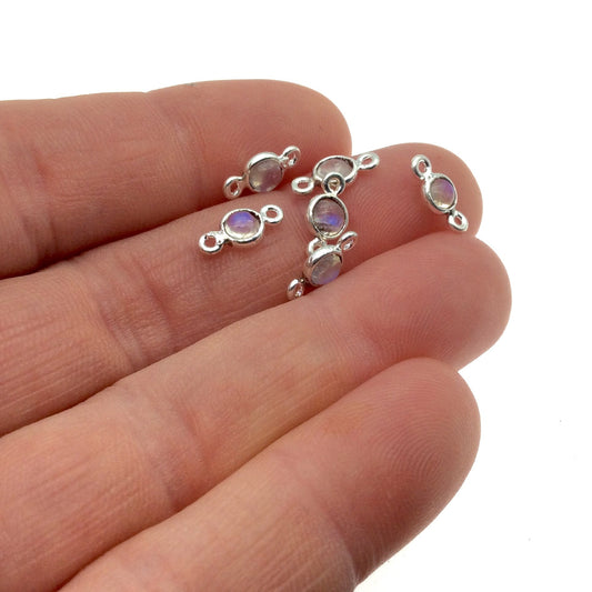 BULK PACK of Six (6) Sterling Silver smooth Moonstone Round Shaped Bezel Connectors - Measuring 3-4mm. Approximately.