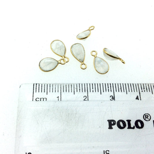 BULK PACK of Six (6) Vermeil Gold Pointed/Cut Stone Faceted Teardrop/Pear Shaped Moonstone Bezel Pendants - Measuring 5mm x 7mm
