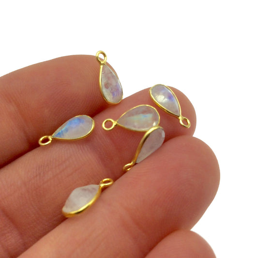 Moonstone Bezel | BULK PACK of Six (6) Vermeil Gold Pointed Cut Stone Faceted Teardrop Shaped Pendants - Measuring 6mm x 9mm