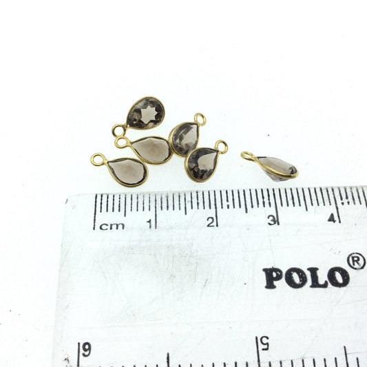 BULK LOT - Pack of Six (6) Gold Sterling Silver Pointed/Cut Stone Faceted Teardrop Shaped Smoky Quartz Bezel Pendants-Measuring 5mm x 7mm