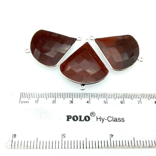 Silver Finish Faceted Red Jasper Fan Shaped Bezel Connector Component - Measuring 30mm x 30mm - Natural Semi-precious Gemstone