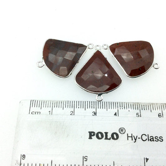 Silver Finish Faceted Red Jasper Fan Shaped Bezel Connector Component - Measuring 22mm x 22mm - Natural Semi-precious Gemstone