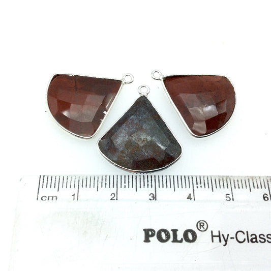 Silver Finish Faceted Red Jasper Fan Shaped Bezel Pendant Component - Measuring 22mm x 22mm - Natural Semi-precious Gemstone