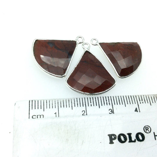 Silver Finish Faceted Red Jasper Fan Shaped Bezel Pendant Component - Measuring 18-20mm x 18-20mm - Natural Semi-precious Gemstone