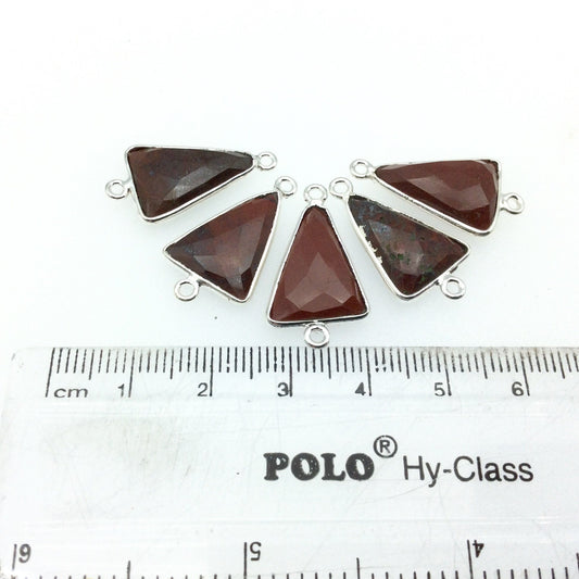 Silver Finish Faceted Red Jasper Triangle Shaped Bezel Connector Component - Measuring 12mm x 16mm - Natural Semi-precious Gemstone