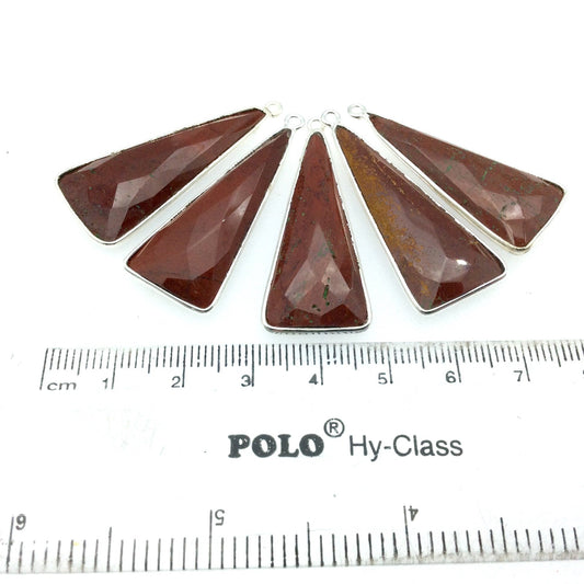 Silver Finish Faceted Red Jasper Long Triangle Shaped Bezel Pendant Component - Measuring 15mm x 35mm - Natural Semi-precious Gemstone