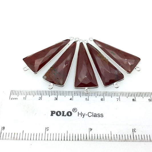 Silver Finish Faceted Red Jasper Long Triangle Shaped Bezel Connector Component - Measuring 15mm x 35mm - Natural Semi-precious Gemstone