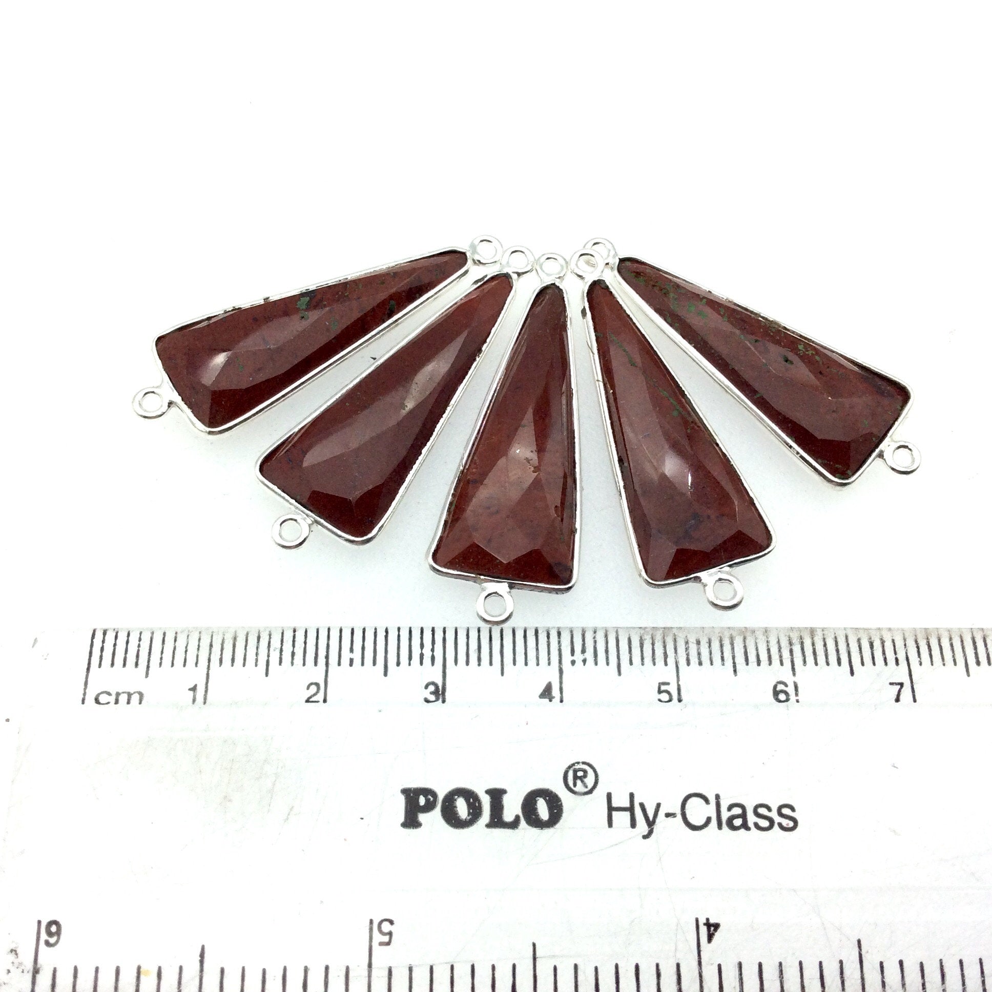 Silver Finish Faceted Red Jasper Long Triangle Shaped Bezel Connector Component - Measuring 12mm x 30mm - Natural Semi-precious Gemstone