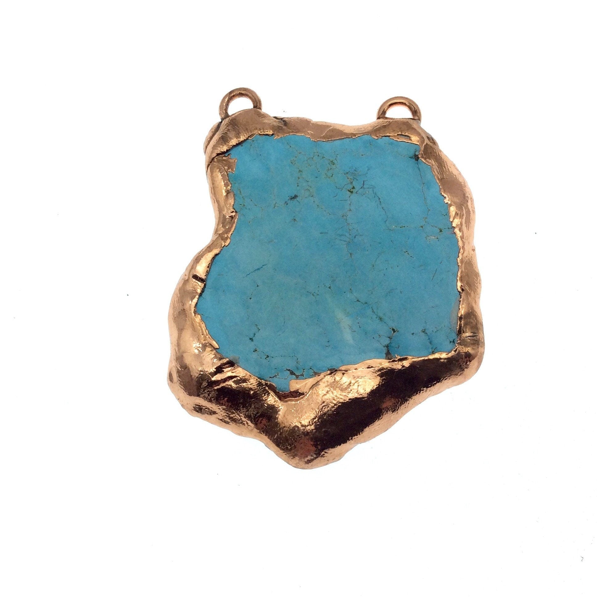 Chinese Turquoise Bezel | OOAK Rose Gold Electroplated Stabilized Freeform Shaped Two Loop Pendant "030" ~ 49mm x 57mm - Sold  As Pictured