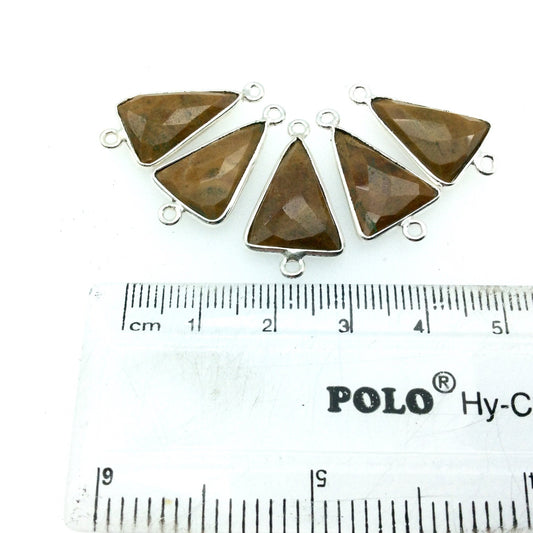 Silver Finish Faceted Yellow Jasper Triangle Shaped Bezel Connector - Measuring 12mm x 16mm - Natural Semi-precious Gemstone
