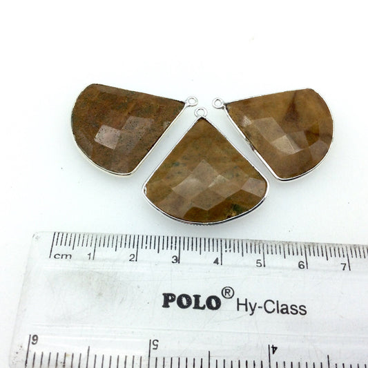 Silver Finish Faceted Yellow Jasper Fan Shaped Bezel Pendant - Measuring 30mm x 30mm - Natural Semi-precious Gemstone