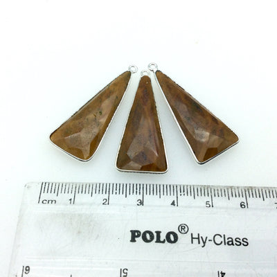 Silver Finish Faceted Yellow Jasper Long Triangle Shaped Bezel Pendant - Measuring 15mm x 35mm - Natural Semi-precious Gemstone