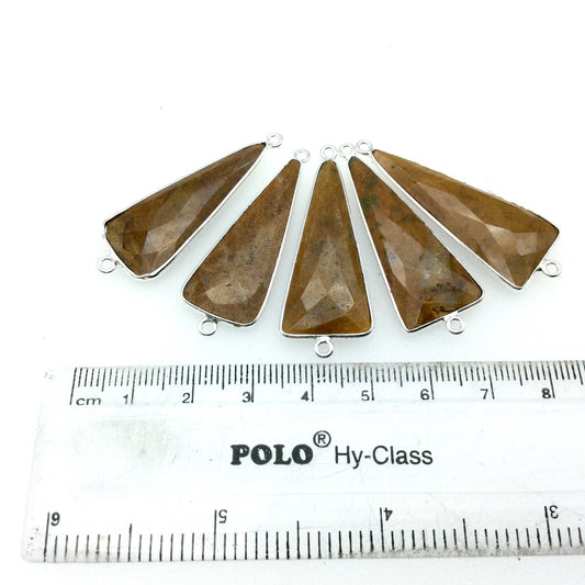 Silver Finish Faceted Yellow Jasper Long Triangle Shaped Bezel Connector - Measuring 15mm x 35mm - Natural Semi-precious Gemstone
