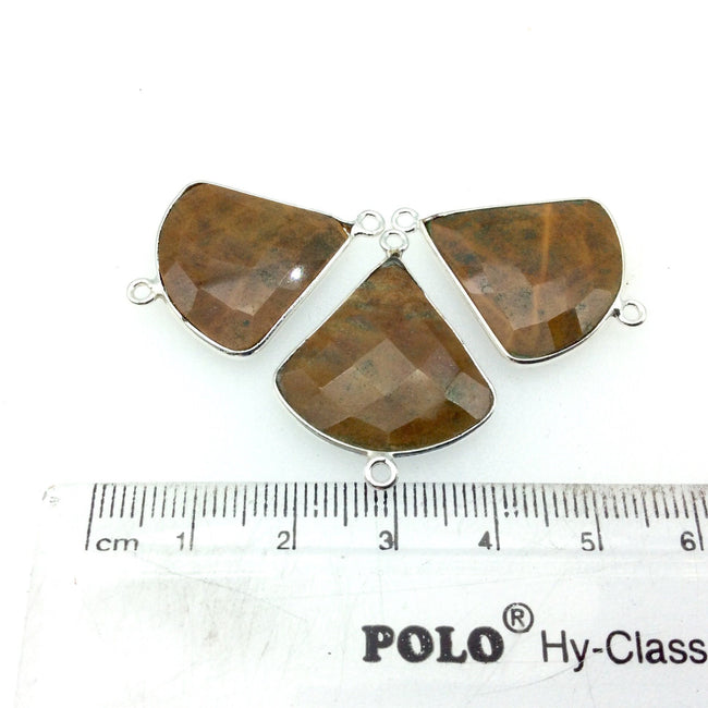 Silver Finish Faceted Yellow Jasper Fan Shaped Bezel Connector - Measuring 22mm x 22mm - Natural Semi-precious Gemstone