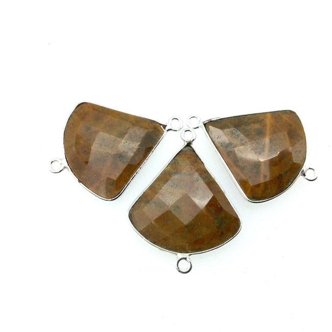 Silver Finish Faceted Yellow Jasper Fan Shaped Bezel Connector - Measuring 22mm x 22mm - Natural Semi-precious Gemstone