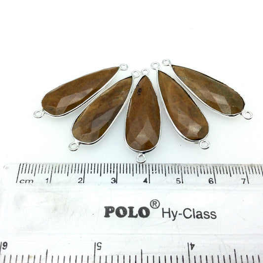 Silver Finish Faceted Yellow Jasper Long Teardrop Shaped Bezel Connector - Measuring 12mm x 30mm - Natural Semi-precious Gemstone