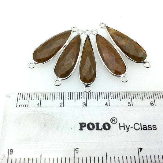 Silver Finish Faceted Yellow Jasper Long Teardrop Shaped Bezel Connector - Measuring 10mm x 25mm - Natural Semi-precious Gemstone