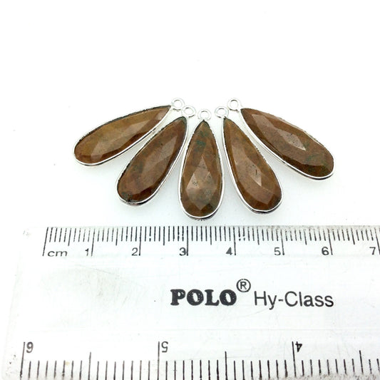 Silver Finish Faceted Yellow Jasper Long Teardrop Shaped Bezel Pendant - Measuring 10mm x 25mm - Natural Semi-precious Gemstone