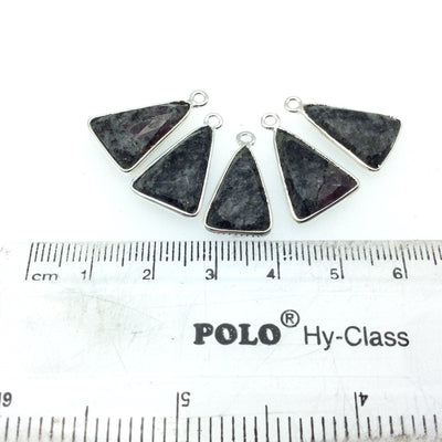 Silver Finish Faceted Black Feldspar Triangle Shaped Bezel Pendant Component - Measuring 12mm x 16mm - Natural Semi-precious Gemstone