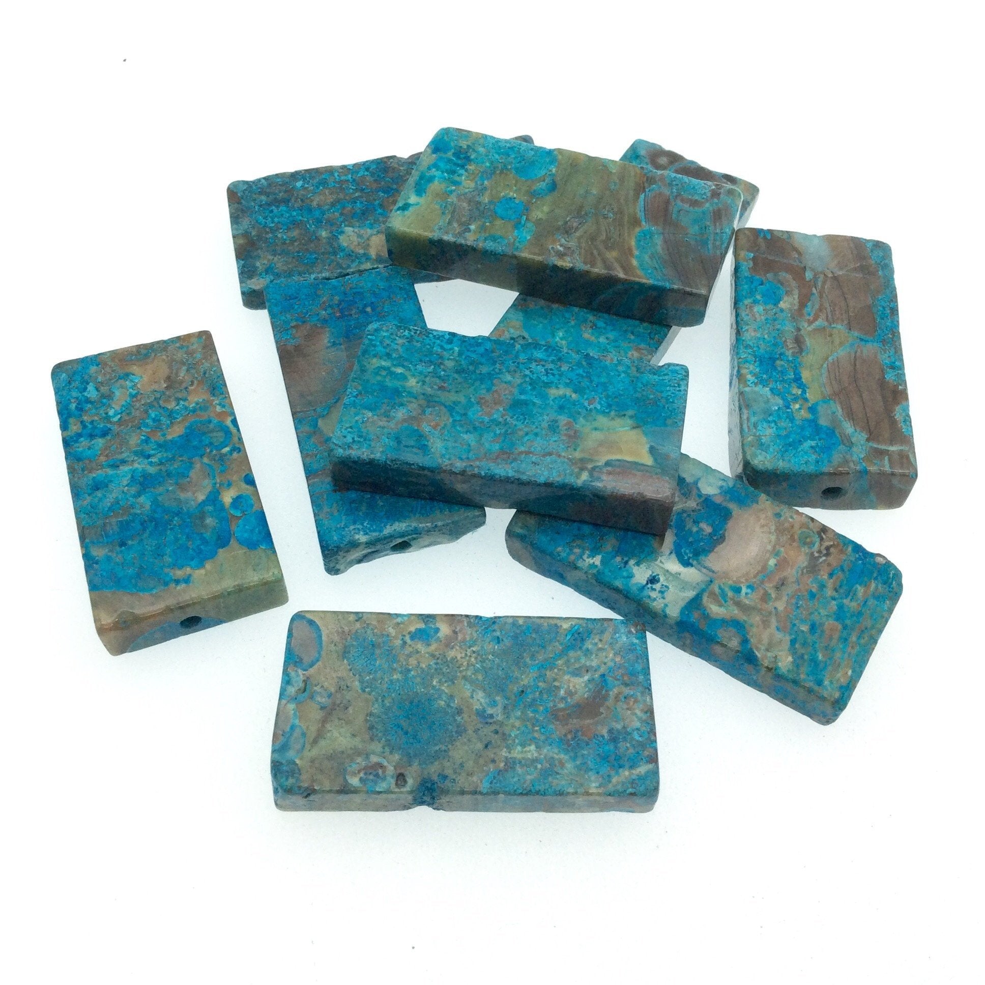19-20mm x 30-44mm Blue Rainforest Jasper (Rhyolite) Rectangle/Block Beads - Sold Individually, Chosen at Random - Enhanced Natural Gemstone
