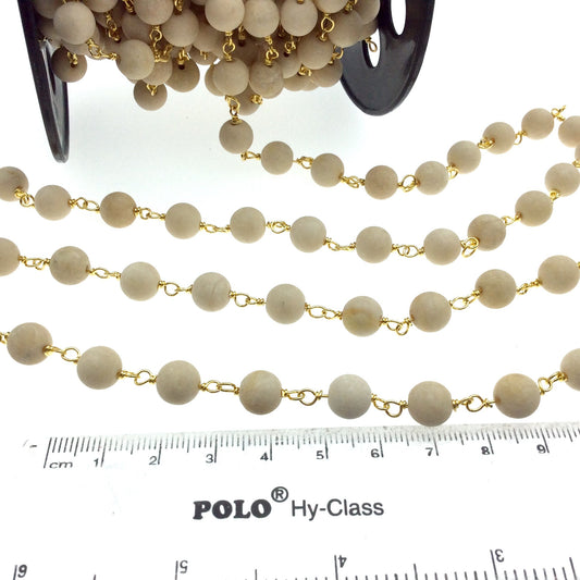 Gold Plated Copper Wrapped Rosary Chain with 8mm Matte Natural Cream River Stone Round Shaped Beads - Sold by the foot! (CH414-GD)