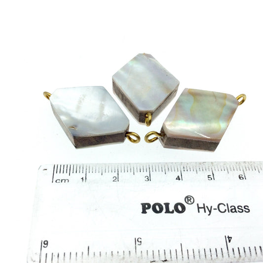 Iridescent White Flattened Diamond Shaped Natural Shell Focal Connector - 23mm x 28mm Approximately - Sold Individually