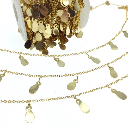 Gold Plated Brass Spaced Single Dangle Wrapped Chain with 8mm Gold Teardrop Dangles - Sold by 1 Foot Length!