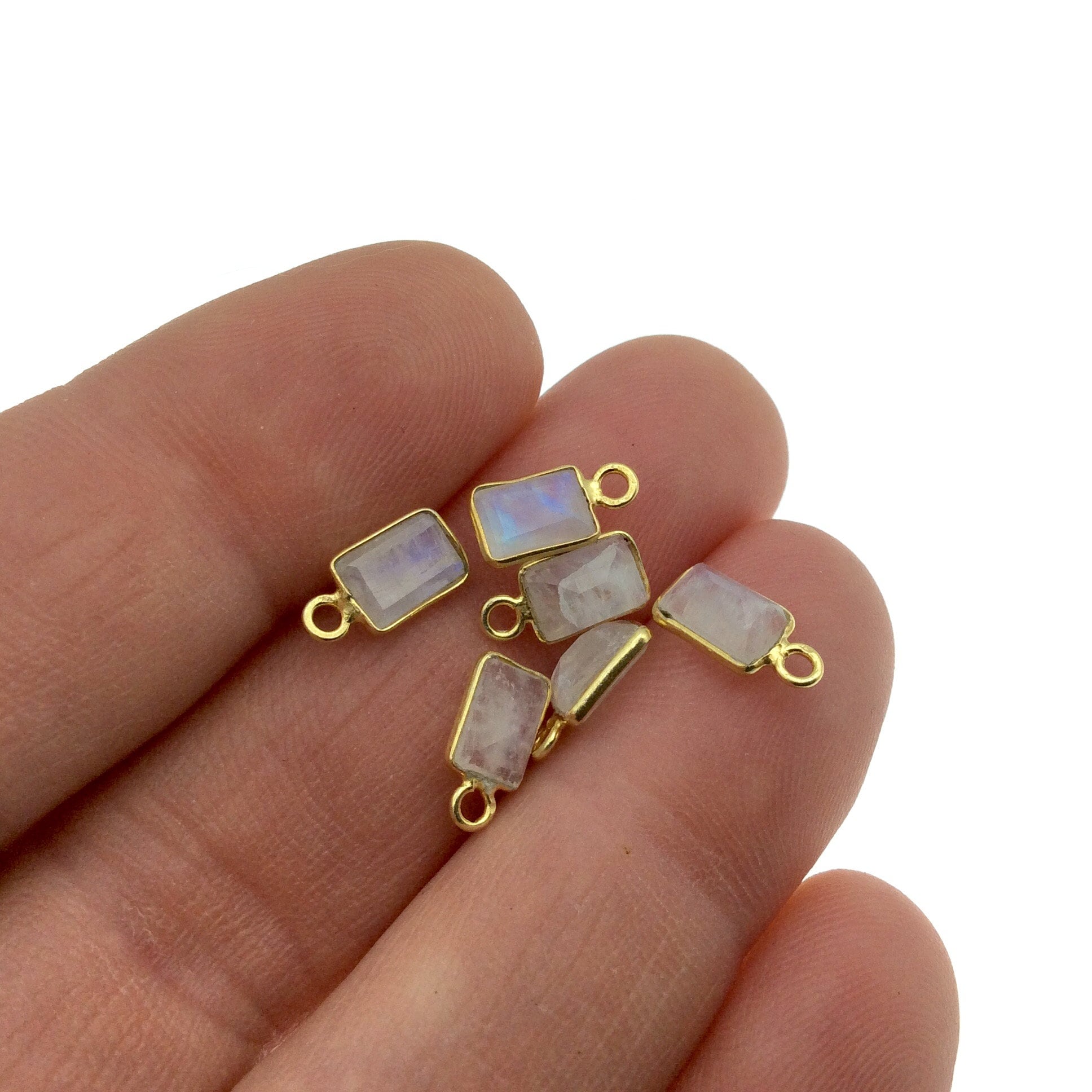 BULK PACK of Six (6) Gold Sterling Silver Pointed/Cut Stone Faceted Rectangle Shaped Moonstone Bezel Pendants - Measuring 4mm x 6mm
