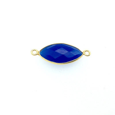 Gold Finish Faceted Cobalt Blue Chalcedony Marquise Shaped Bezel Connector Component - Measuring 10mm x 20mm - Natural Gemstone