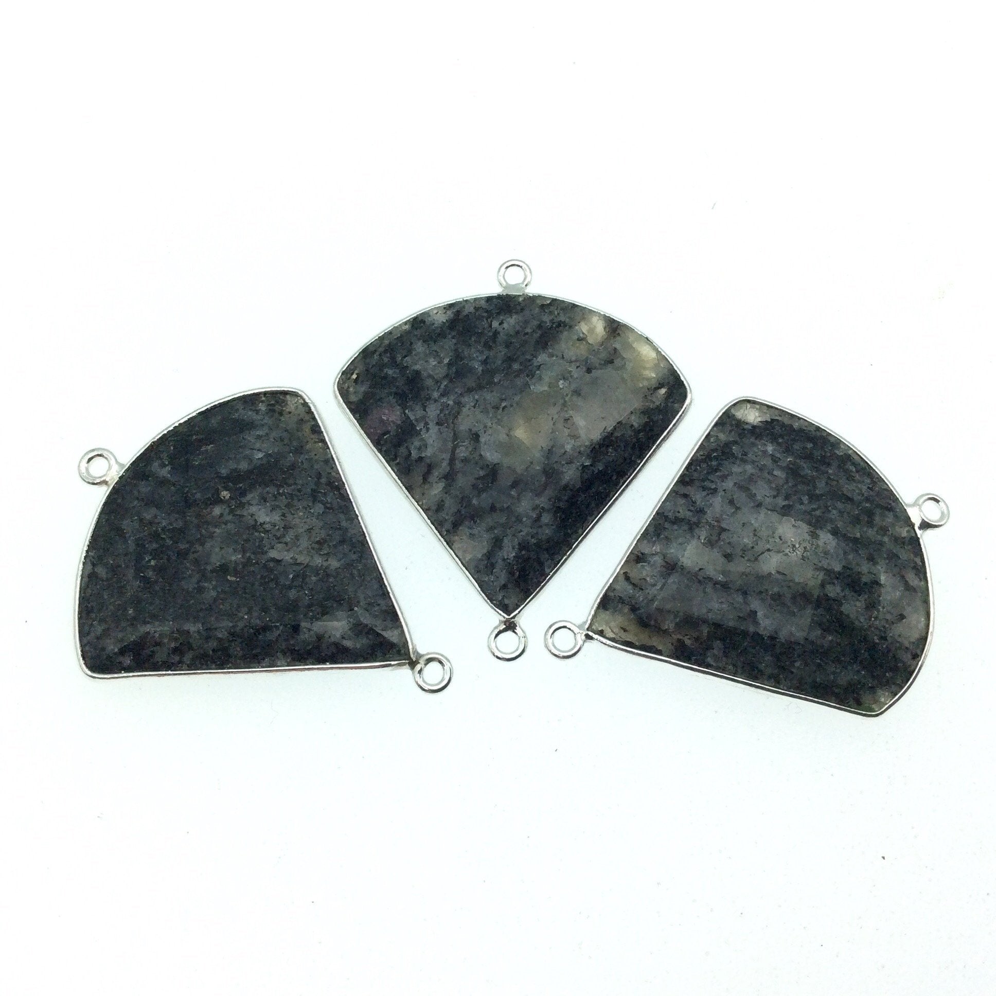 Silver Finish Faceted Black Feldspar Fan Shaped Bezel Connector Component - Measuring 30mm x 30mm - Natural Semi-precious Gemstone