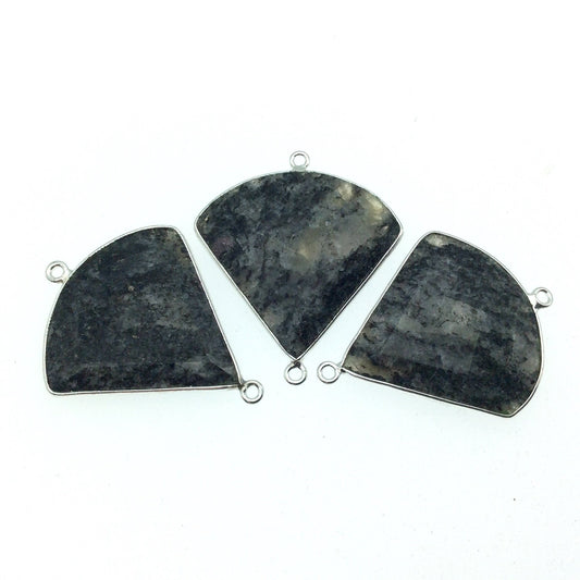 Silver Finish Faceted Black Feldspar Fan Shaped Bezel Connector Component - Measuring 30mm x 30mm - Natural Semi-precious Gemstone