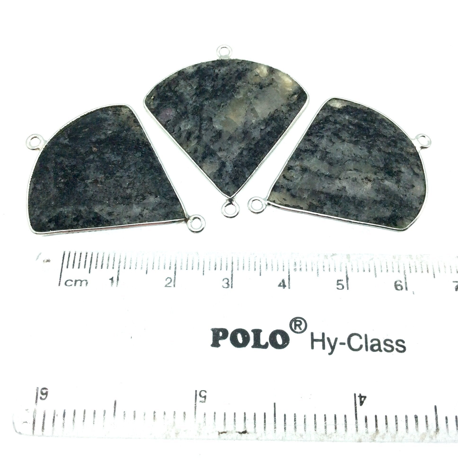 Silver Finish Faceted Black Feldspar Fan Shaped Bezel Connector Component - Measuring 30mm x 30mm - Natural Semi-precious Gemstone