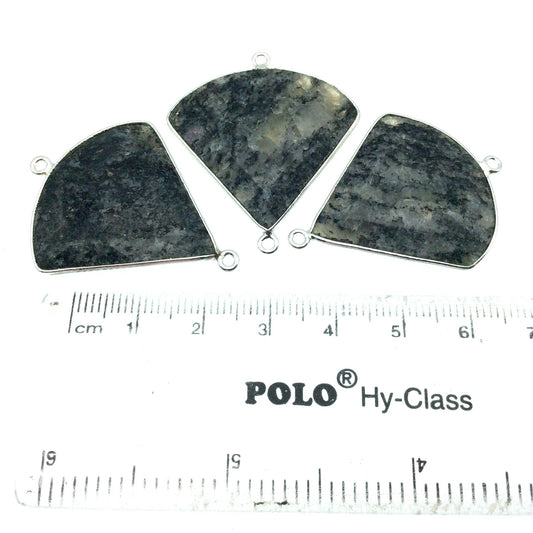 Silver Finish Faceted Black Feldspar Fan Shaped Bezel Connector Component - Measuring 30mm x 30mm - Natural Semi-precious Gemstone