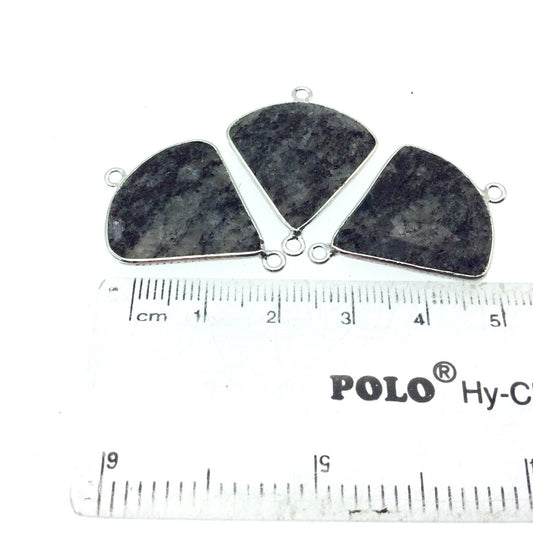 Silver Finish Faceted Black Feldspar Fan Shaped Bezel Connector Component - Measuring 22mm x 22mm - Natural Semi-precious Gemstone