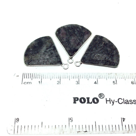 Silver Finish Faceted Black Feldspar Fan Shaped Bezel Pendant Component - Measuring 22mm x 22mm - Natural Semi-precious Gemstone
