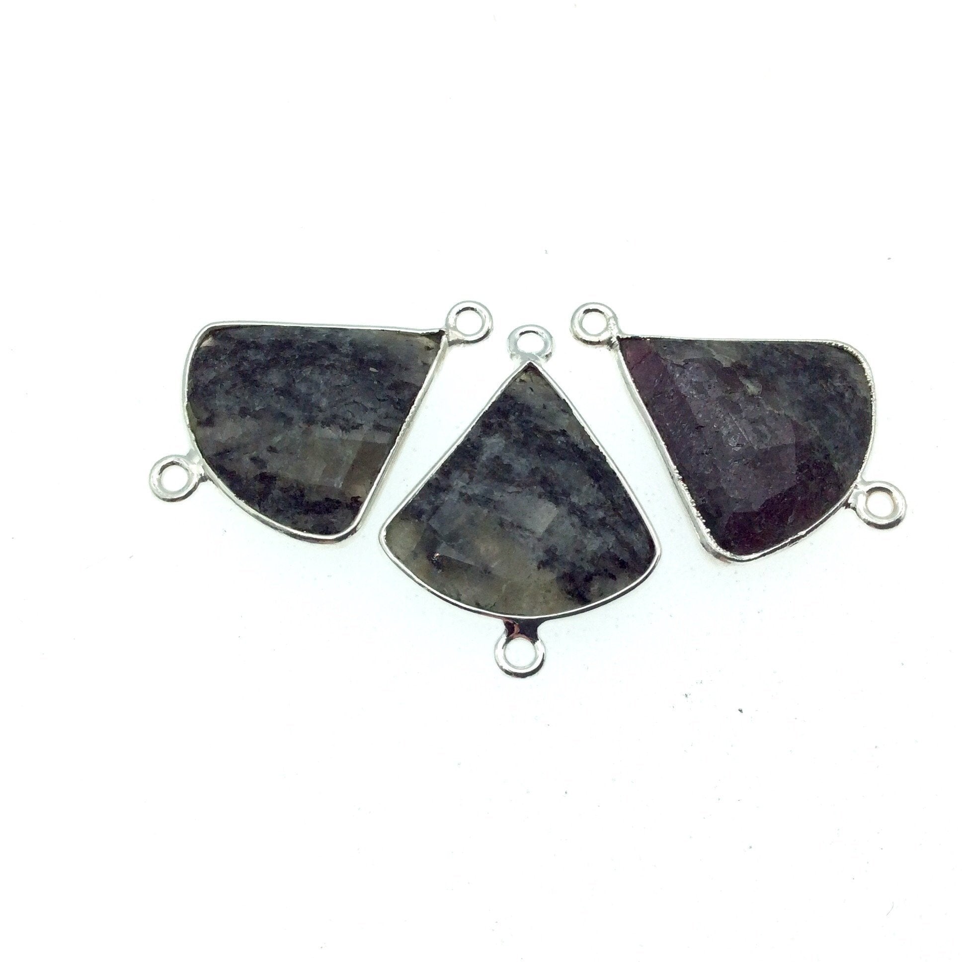 Silver Finish Faceted Black Feldspar Fan Shaped Bezel Connector Component - Measuring 18-20mm x 18-20mm - Natural Semi-precious Gemstone