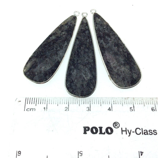 Silver Finish Faceted Black Feldspar Long Teardrop Shaped Bezel Pendant Component - Measuring 15mm x 45mm - Natural Semi-precious Gemstone